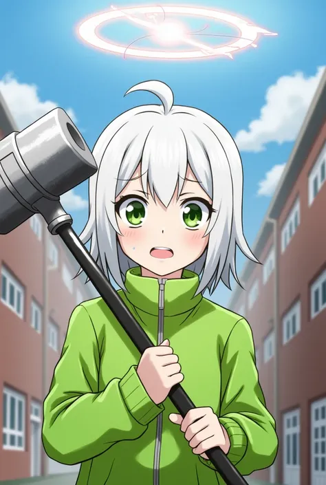 High resolution, master piece, detailed, best quality, hd, high details, high quality, textured skin, 1girl, Curious expression, sarcastic smile, white hair, green eyes, wearing a bright green jacket, holding a hammer with large rocket technology, a palm-s...