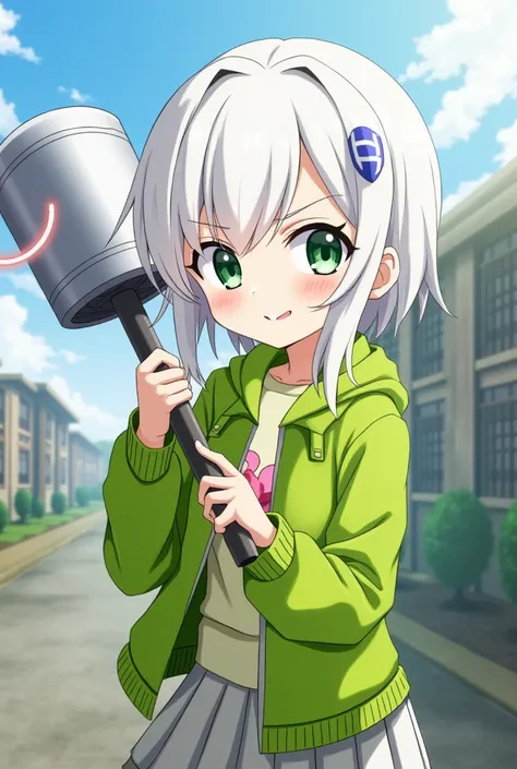 High resolution, master piece, detailed, best quality, hd, high details, high quality, textured skin, 1girl, Curious expression, sarcastic smile, white hair, green eyes, wearing a bright green jacket, holding a hammer with large rocket technology, a palm-s...