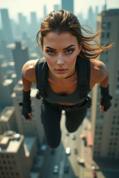 "A close-up shot of a woman in the midst of a high-octane action stunt, her face showing intense focus and determination. She’s mid-air, just moments before making a dangerous leap from one rooftop to another. The camera is tightly zoomed in on her, captur...