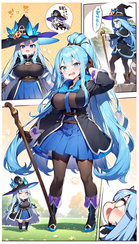 pygmy、(witch:1.5)、( bright blue hair、 dont tie your hair、 very long hair)、Light blue eyes、Baby Face、smug face、blush、Big Breasts、valley、hat、 Large Hooded Robe 、Comfortable clothes、Long gloves、(tights:1.2)、 Knee High Socks 、 long boots、Cane