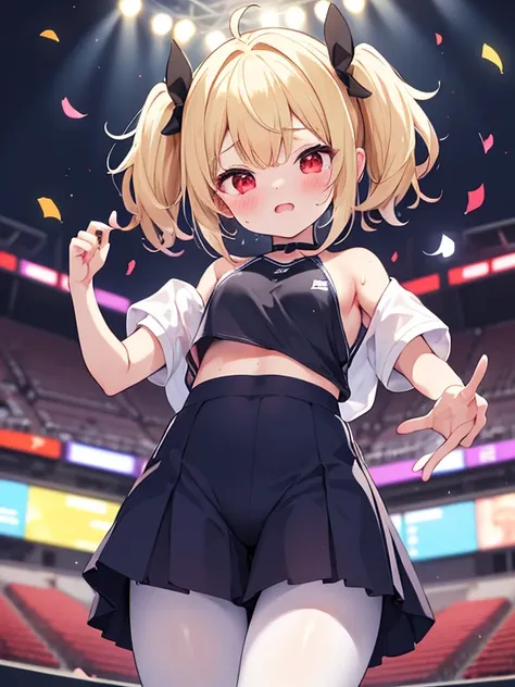 {{{  Masterpiece }}}, {{{ top quality、 cute illustration 、 lifelike skin}}},nsfw、（、 blonde alone、 short haired 、red eyes、 twin tails、 cheerleader costume for 1 person 、sweat、vapor、、Dancing、dance、  raise your legs higher、I can see your pants、High-value cont...