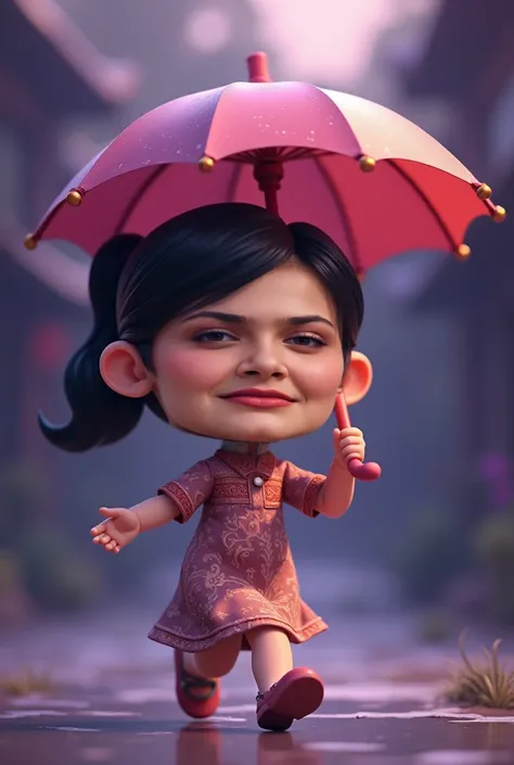 photoRealistic cartoon style hd ,  a young Indonesian big head,short body,  running happy little ,black hair ponytail  ,  wearing a dressed sifon black rajut floral, umbrella walks cheerfully , Purple dark  background , smooth lighting purple.UHD,18K, mast...