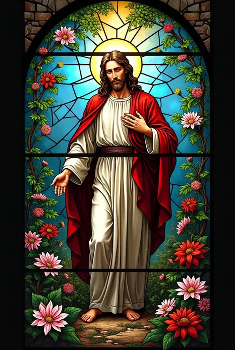  Create a stained glass window with a religious theme of Jesus and the theme of nature. With the marking of the contours of people as in stained glass  