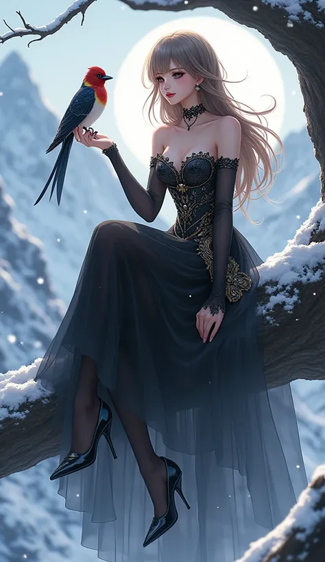  Anime Girl和一件黑色的珠寶及金線裝飾的華麗衣服, Pearl Murangma Peak Snow Background , early morning,  Sit on a branch with legs crossed, Left calf raised , Full body covered in snow , A beautiful full-body snowbird with colored feathers rests on her finger,  girl raises a ...