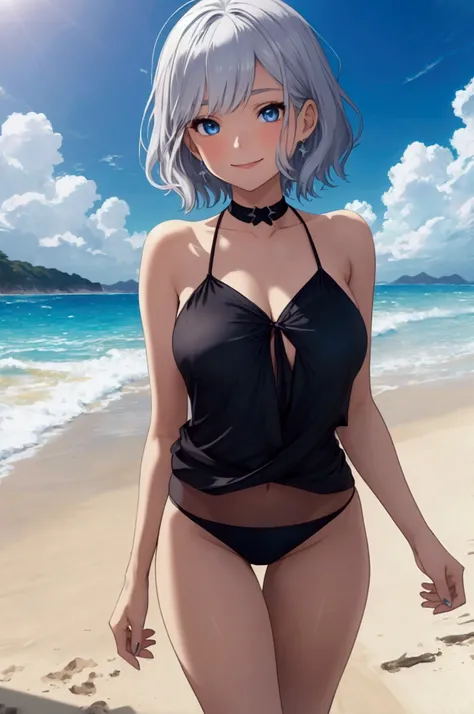 (masterpiece, best quality) A girl with blue round eyes and weak silver waves and short hair ,  wears a very thin blouse over a black bikini two-piece beachwear.  is smiling while walking on a sandy beach with gentle waves .  Clear weather, Sunshine