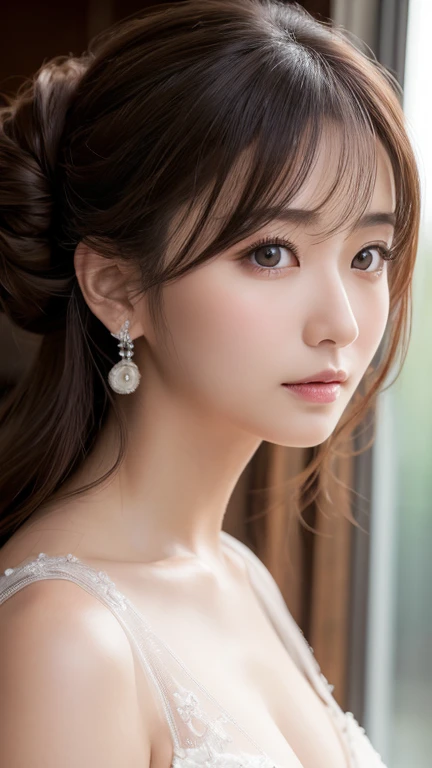 (best quality, masterpiece:1.2), ultra high res, raw photo, photorealistic, full color, Japanese, 1 woman, 40 years old, beautiful face, realistic eyes,round face, small breasts, long hair, half updo, formal dress