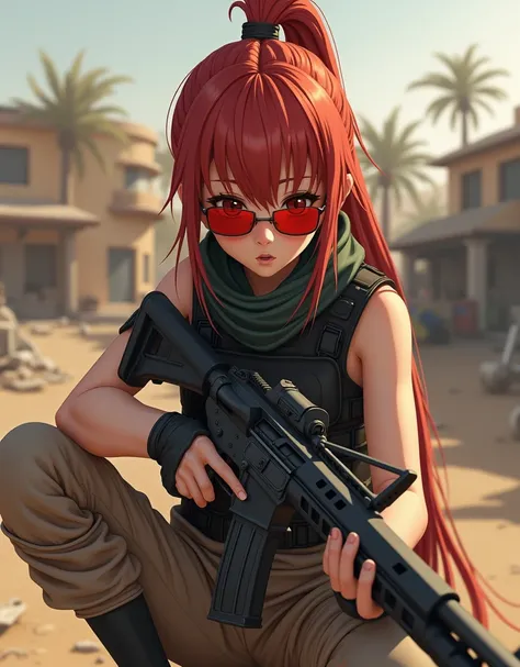  Sniper girls wearing black bulletproof vests, sand-colored military pants ,  unbuttoned, Carry a weapon, sit,  Red Glasses, casque, Reach out ,  Desert area with building wreckage , Car wreckage ถังที่ถูกไฟเผาทำลาย, Car wreckage , Long hair tied up,  Redh...