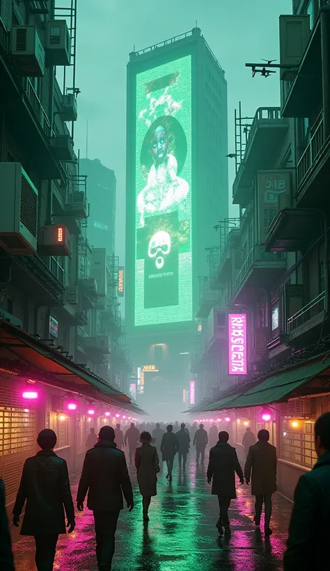  Max image  、「 skyscraper showing an ad。Below、 countless neon advertisements are flashing 、green、 pink、 the purple light is mixed and 、 creates a fantastic atmosphere 。 the narrow alley is wet with rain 、 the light is reflected in a puddle of water and shi...