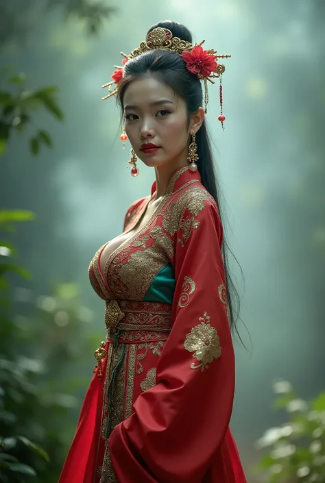 / I Woman in Chinese Dai style costume，Full body frontal photography ，High and cold，Confident expression，forest， background blur，Full of smoke， Tyndall Effect ，Rim Light， colorful，Full of oriental charm， high quality，Clear focus， intricate details ，Orienta...