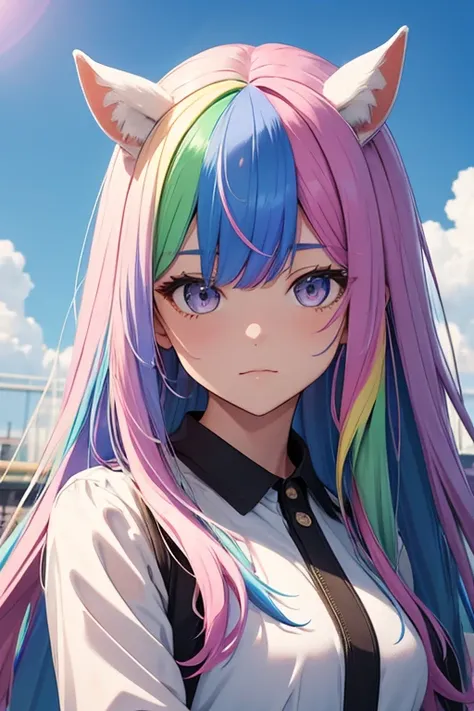 Horse Girl、Horse ears、Rainbow hair colour、 long hair on background、 odd-eye、best quality,