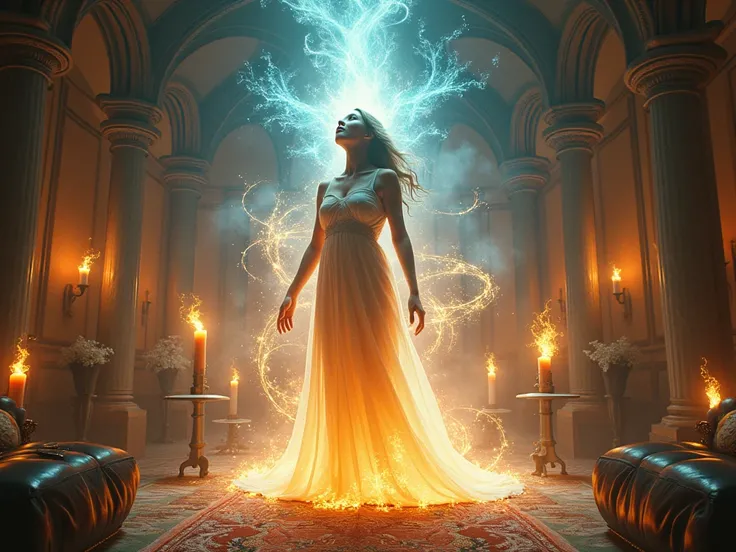  Make an image of an ecstatic woman receiving spirits, The setting must be inside a room and have brightness and lights 