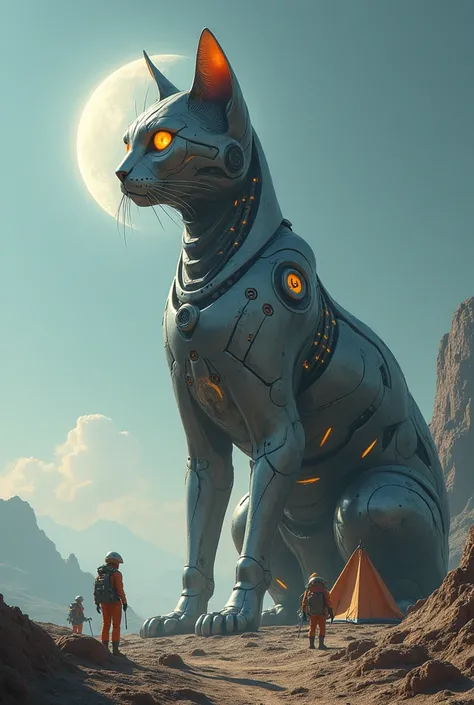 “A gigantic mechanical cat sculpture with glowing orange eyes and intricate sci-fi patterns, sitting on a moon-like terrain. Surrounding the cat are small human figures dressed in futuristic space exploration suits, setting up camp with tents, machinery, a...