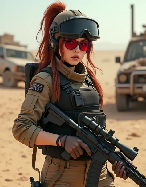  sniper girl wearing black bulletproof armor, sand-colored military pants., นั่งบนCar wreckage ,  Red Glasses, casque, Reach out ,  Desert area with building wreckage , Car wreckage ถังที่ถูกไฟเผาทำลาย, Car wreckage , Long hair tied up,  Redhead,  boobs, O...