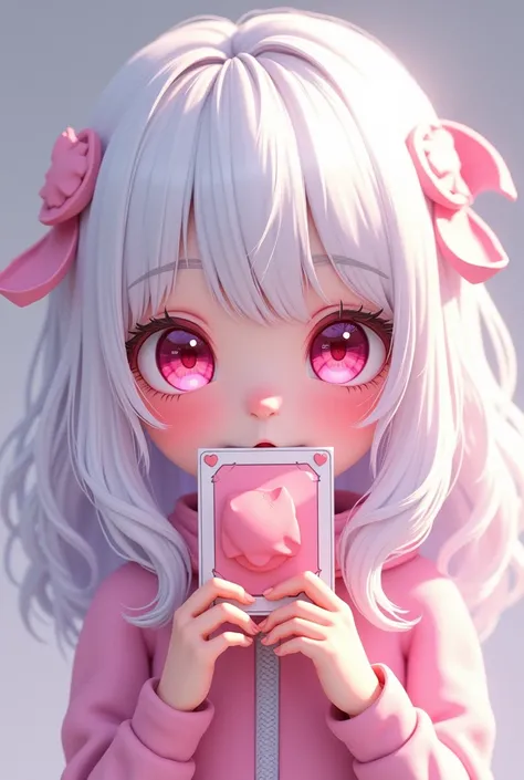 I want a profile logo like an anime doll with white hair and pink eyes holding robux from roblox