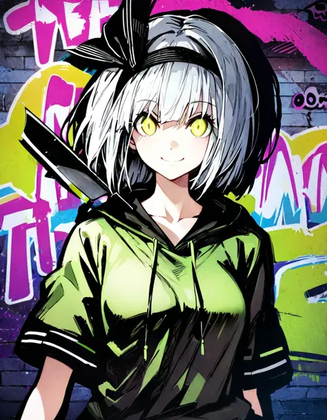 masterpiece,  top quality, 8k, detailed background, masterpiece,  top quality, smile,  ornament,  hoodie, Portraiture,  neon green, graffiti, dark, night, Shining Eyes,  black light ,Konpaku Youmu, Japanese Knife 