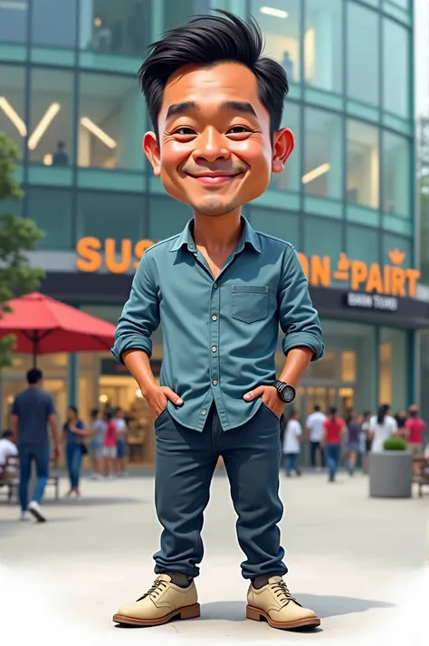 Caricature 4D.  Indonesian man 35 years old .  wears long shirt blue pants cream color leather shoes. in front of the mall . realistic focus  