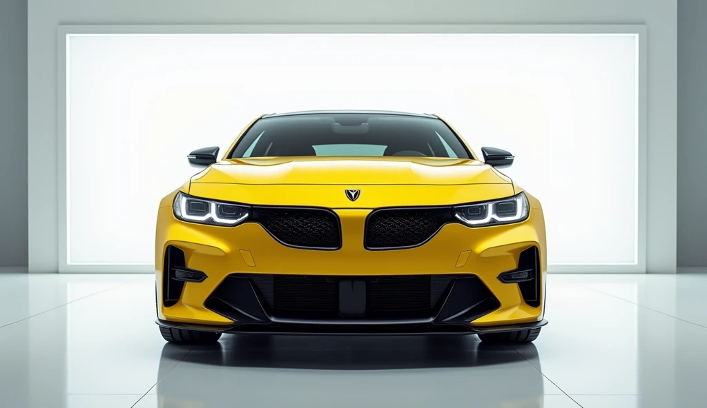 In showroom white lighting showroom Pontiac GTO 2025 yellow color front view 