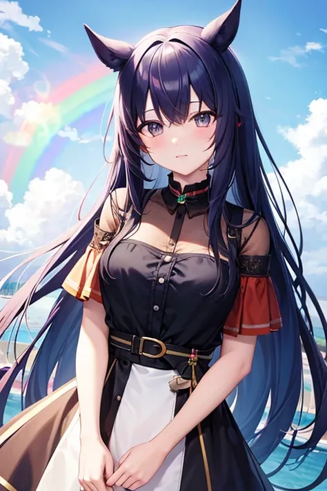 Horse Girl、Horse ears、Rainbow hair colour、 long hair on background、 odd-eye、best quality,