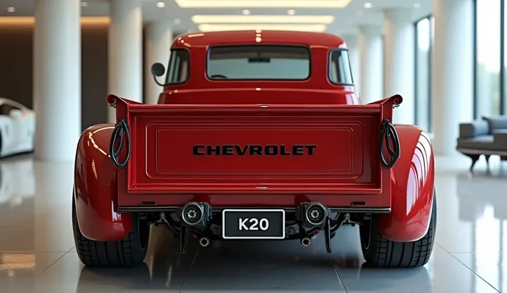 create an ultra-detailed 3D render, of a modern Chevrolet K20 vintage Pickup with a bold design looking long like limousine captured from close front side view. The car should feature a yellow color and black accents with a  Chevrolet pickup logo on its ba...