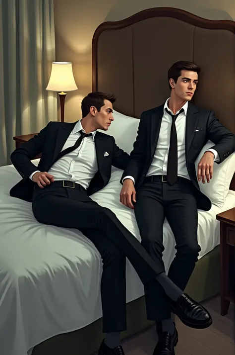 2 men at hotel room one laying on bed one leaning against bed after convention in tuxedo.