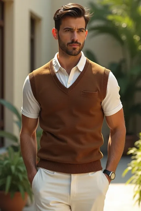 create an image of a man wearing white polo long sleeve with brown vest (without buttons) and white pants as bottom