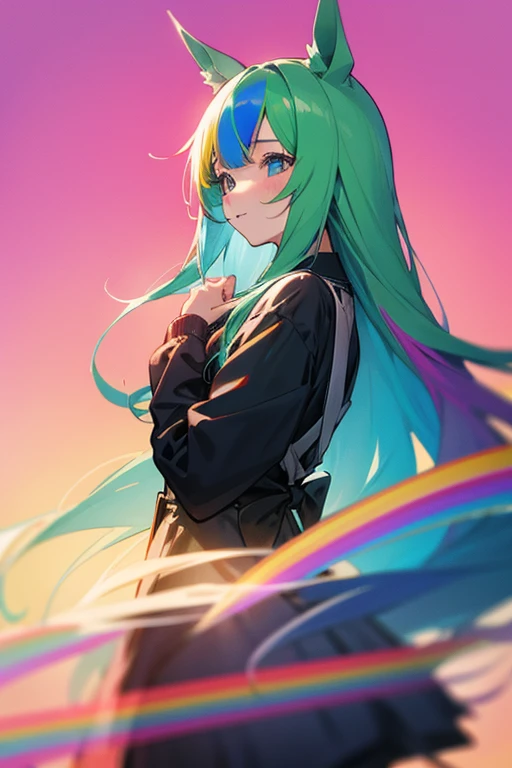 Horse Girl、Horse ears、Rainbow hair colour、 long hair on background、 odd-eye、best quality,