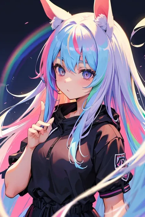 Horse Girl、Horse ears、Rainbow hair colour、 long hair on background、 odd-eye、best quality,