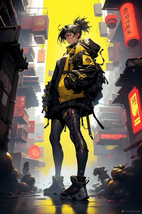 a woman in a yellow outfit and black boots stands in front of a city, cyberpunk art by Kim Hong-do, cgsociety, retrofuturism, cgsociety 9, full body cgsociety, worksafe.cgsociety