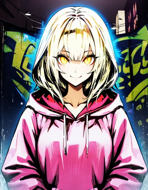 masterpiece,  top quality, 8k, detailed background, masterpiece,  top quality, smile,  ornament,  hoodie, Portraiture,  neon yellow, graffiti, dark, night, Shining Eyes,  black light , Flandor Scarlet