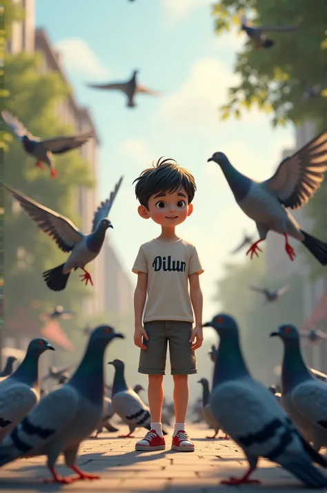 A beautiful boy is standing near a bunch of pigeons, his t-shirt must have Dilum written on it. 