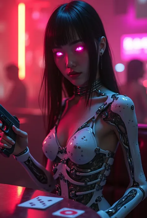 Inside of cyberpunk club with amber and pink lights, cyborg asian girl with half-skeletonized white implantic body sitting on the table with cards and shows a gun, pink glowing eyes, titanium augmentations integrated in body