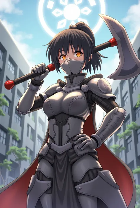 High resolution, master piece, detailed, best quality, hd, high details, high quality, textured skin, 1girl, Orange eyes, short hair, black hair, ponytail, wearing an iron mask, wearing future technology armor, light armor, holding a giant axe, a dagger wi...