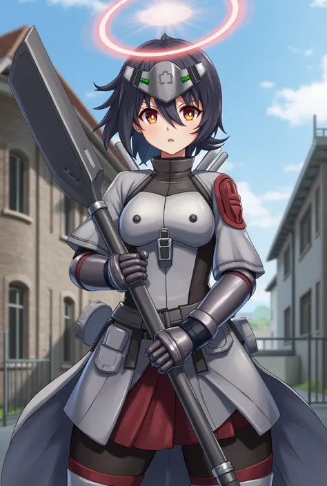 High resolution, master piece, detailed, best quality, hd, high details, high quality, textured skin, 1girl, Orange eyes, short hair, black hair, ponytail, wearing an iron mask, wearing future technology armor, light armor, holding a giant axe, a dagger wi...