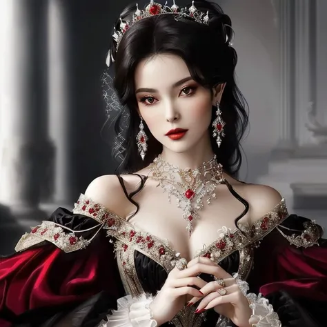 a close up of a woman wearing a red and black dress, a beautiful fantasy empress, ((a beautiful fantasy empress)), beautiful vampire female queen, beautiful vampire queen, an elegant gothic princess, lovely queen, beautiful elegant demon queen, rococo quee...