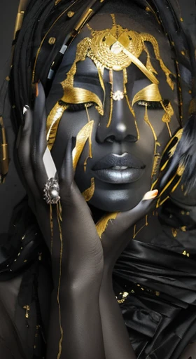 (best quality, masterpiece:1.2), fashion photography, black and gold, African American woman with golden paint dripping on her face, full lips, full body photography