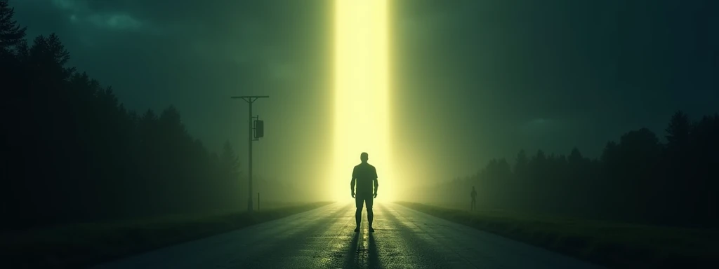 A dramatic and eerie night scene with a man standing in the middle of a dark road, illuminated by a blinding, otherworldly light descending from the sky. His silhouette appears small and vulnerable, while the light beams down in an intense cone, casting lo...