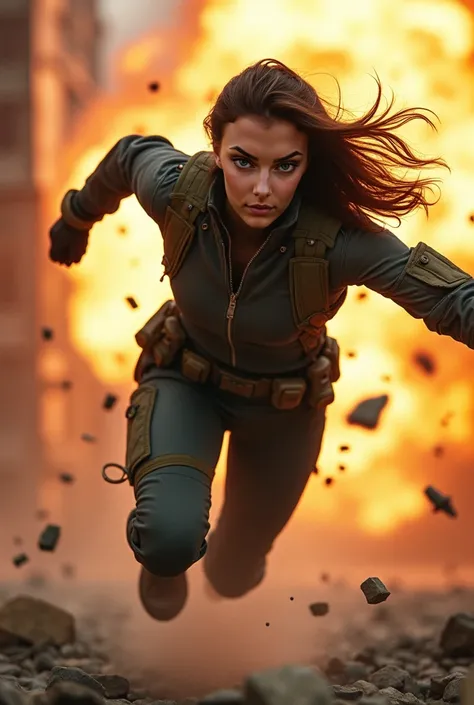 "A close-up shot of a woman in the middle of an intense action sequence, her face showing pure focus and grit as she narrowly avoids an explosion. She is diving through the air, her body twisting mid-flight to dodge flying debris. The camera captures every...