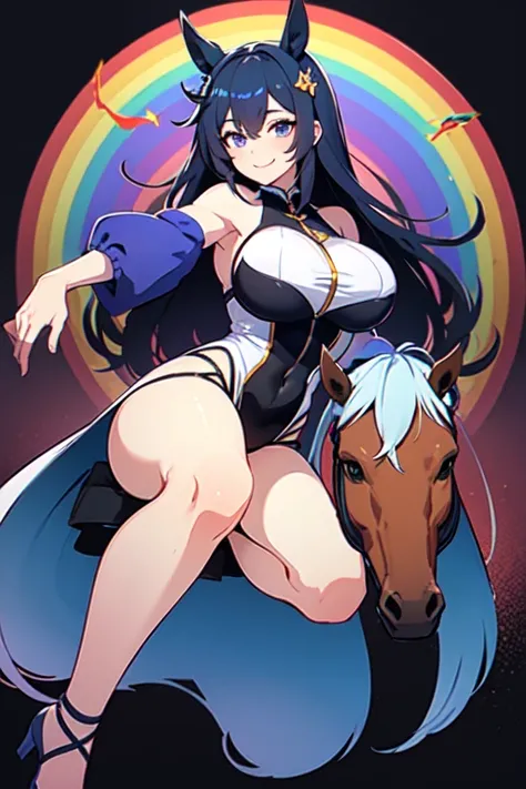 Horse Girl、Horse ears、 rainbow colored hair 、Gradient hair texture、 long hair、Rainbow Eyes、whole body、Muscular、 cute smile、