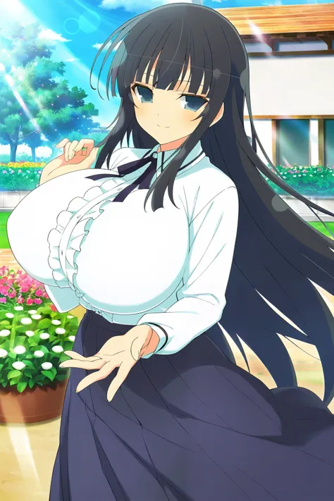 masterpiece, best quality, anime art style, Official Art, perfect eyes, detailed eyes, perfect face, perfect hair, detailed hair, shiny hair, beautiful character design, 1 girl, alone, Ikaruga (Senran Kagura), black hair, hime cut, blue eyes, black pupils,...