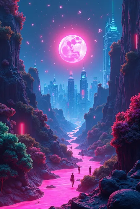 A surreal depiction of a dream-like world filled with vibrant neon colors, floating musical notes, and Juice WRLD-inspired graffiti elements with a glowing cityscape in the background