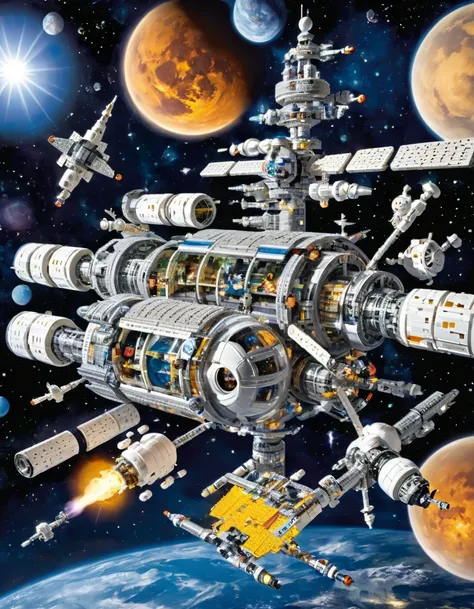 Magazine cover， best quality, very good, 16K, Ridiculous,  very detailed , （（Space Station））Outer Space，Made from LEGO,