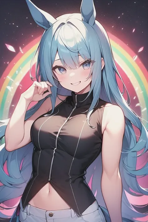 Horse Girl、Horse ears、 rainbow colored hair 、Gradient hair texture、 long hair、Rainbow Eyes、whole body、Muscular、 cute smile、