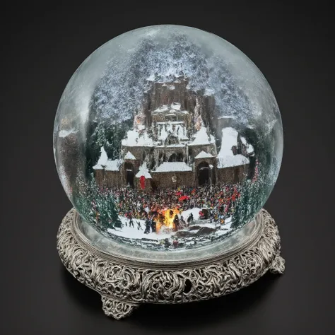 A majestic medieval castle surrounded by snowy mountains, encapsulated within a luminous ice crystal ball. Knights and villagers celebrate Christmas in the castle courtyard, with bonfires, festive banners, and a towering Christmas tree. The ball rests on a...