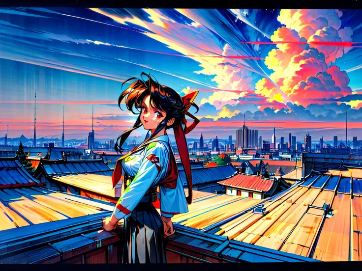 Kenichi Sonoda, retro art-style, 90s Japanese Anime Style, "The Cannon God Exaxxion", Sci-fi, sci-fi gadgets, big budget, 1mature womanl, solo, The Sub-characters, Key Person, "Isaka Minakata", 30yo, anime beauty, Older sister type with a calm atmosphere, ...