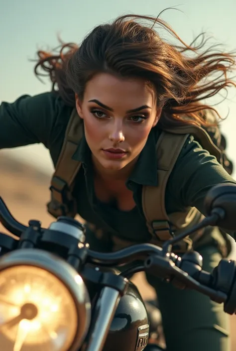 "A close-up shot of a woman in the middle of an intense chase, her face set with determination as she leaps from a moving motorcycle onto a speeding truck. The camera focuses on her focused eyes and clenched jaw, capturing the split-second decision-making ...