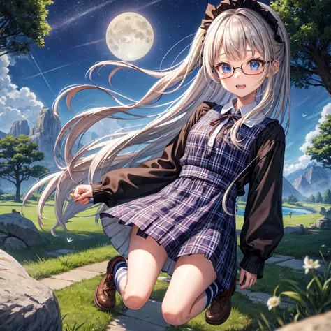 Chestnut Hair、 blue eyes、 has hair tied、Two cute、 plaid mini skirt、 BLACK T-SHIRT、 Long Sleeve 、 dress、 striped high socks sprinkling water、Teeth are visible、lawn、The stone is cracked、Uneven ground、The road is curved、tree、Mountain々、vermilion box、diagonal、 ...