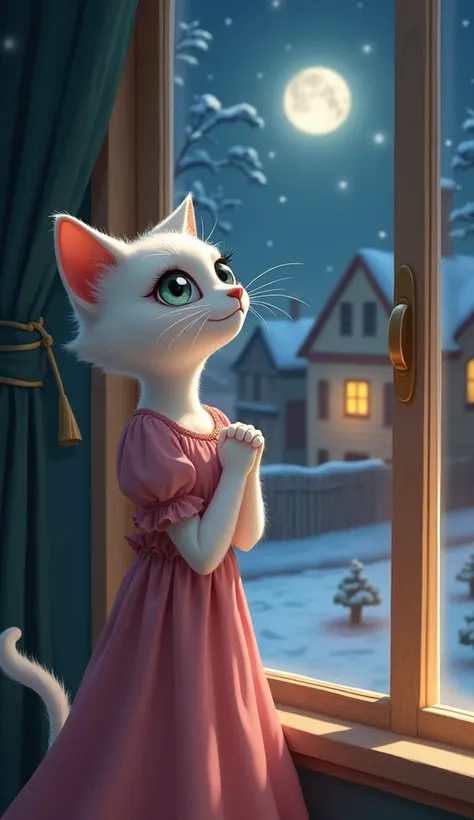 A tall, elegant, white female anthropomorphic cat, resembling an adult mother, standing inside a cozy house at night. She is gazing out of a large glass window with wide, expressive eyes filled with wonder and awe. Her hands are clasped together near her c...