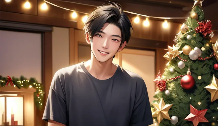  (photorealism:1.2), handsome japanese man, 20-29 year-old, Christmas party, happy, indoor, celebrating 