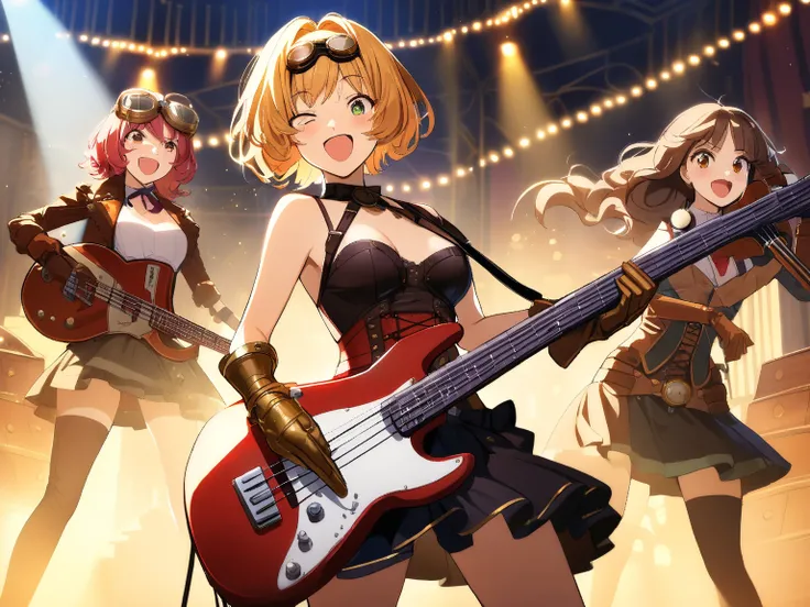 4 girls, group of girls band, steampunk concert hall, (cogs and pipes in background), (colorful lights illuminating the stage), (performing passionately:1.3), BREAK 
1 girl, (cute face), 18 years old, (short bob cut), (wearing steampunk style outfit), (sho...