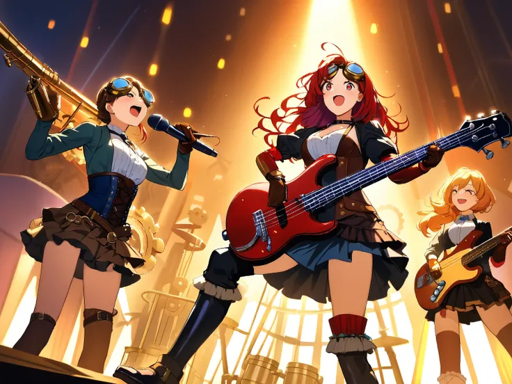 4 girls, group of girls band, steampunk concert hall, (cogs and pipes in background), (colorful lights illuminating the stage), (performing passionately:1.3), BREAK 
1 girl, (cute face), 18 years old, (short bob cut), (wearing steampunk style outfit), (sho...